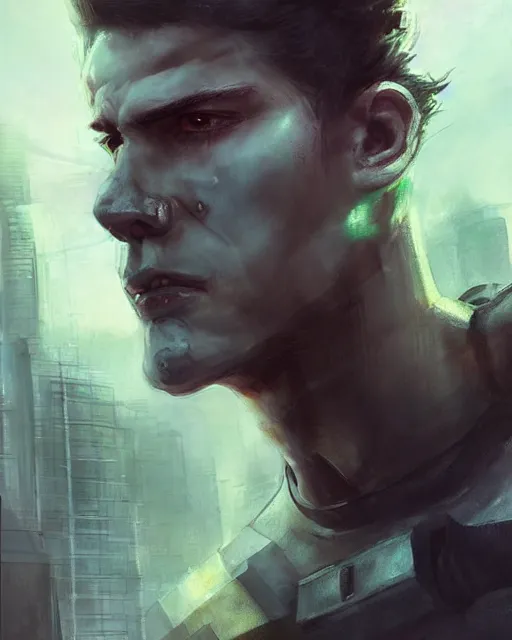 Prompt: battle hardened, overpowering, pragmatic, charismatic character male handsome muscular wearing techwear - shirt, face centered portrait, confident, modern cityscape, outdoors, architecture, fog, sunny, volumetric lighting, illustration, perfectly shaded, greenish tinge, cold lights soft painting, art by krenz cushart and wenjun lin
