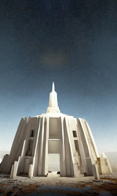 Prompt: the temple of truth is white, whole, holy and beautiful, but is surrounded by a crater of ruin and desolation. it's spire reaches up to the heavens and is topped with a gold statue. | digital art. hd. vibrant. amazing lighting. stark contrast. landscape painting. trending on artststion. matte painting. awe inspiring