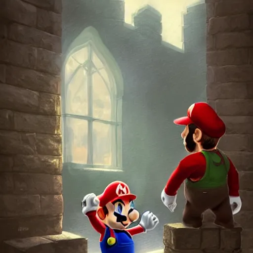 Prompt: man super mario is an rpg character, hiding behind a brick wall, dark mood, highly detailed, digital painting, artstation, illustration, art by artgerm and greg rutkowski and alphonse mucha