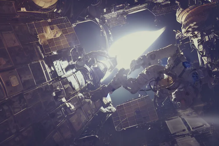 Image similar to an astronaut clining to the outside of a space station in space, orbiting the earth. the space station is oexploding, on fire and breaking apart. concept art. cinematic lighting vray render