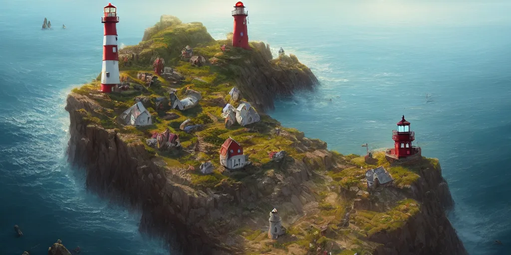 Image similar to Very small fantasy village on a cape with a lighthouse, fishing boats, view from above. In style of Greg Rutkowski, Jesper Ejsing, Makoto Shinkai, trending on ArtStation, fantasy, great composition, concept art, highly detailed, scenery, 8K, Behance.