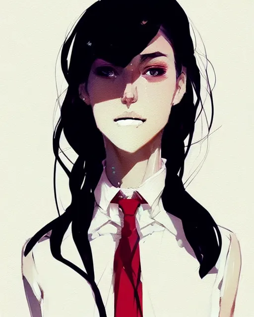 Image similar to a ultradetailed full body portrait of a woman dressed in a white shirt with a tie, by conrad roset, greg rutkowski and makoto shinkai trending on artstation