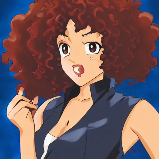 Prompt: A brown skinned woman with black curly hair as an anime character from cowboy bebop