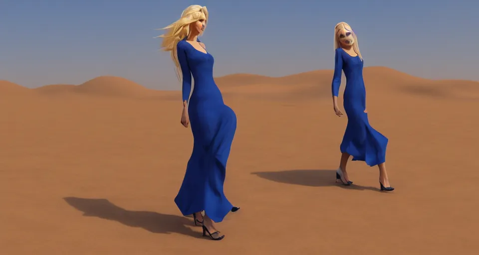 Prompt: a blonde woman in a blue dress walking into the desert in morning, desert dunes, artstation, cgsociety