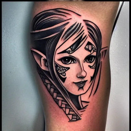 Image similar to tattoo design, stencil, portrait of princess zelda in a bikini by artgerm, symmetrical face, beautiful, triforce