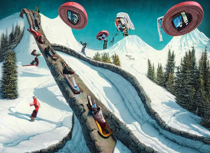 Image similar to a snowboard downhill that takes to a portal to another dimension, lowbrow, matte painting, 3 - d highly detailed, in the style of mark ryden,