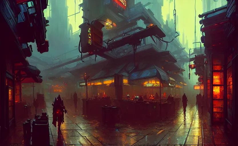 Prompt: a cyberpunk tavern with rainy and moody cinematic lighting by darek zabrocki and greg ruthkowski, alphonse mucha, simon stalenhag and cinematic and blue cold atmospheric, concept art, artstation, trending on artstation