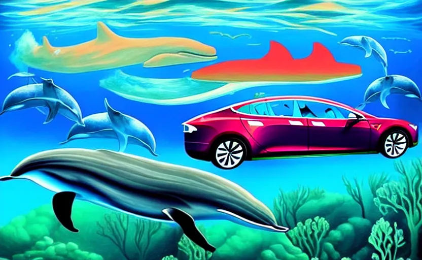 Prompt: a surreal colourful painting of a tesla car underwater surrounded by dolphins