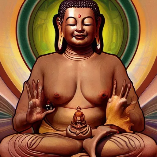 Prompt: happy alien buddha hybrid, praying meditating, realistic, elegant, highly detailed, digital painting, illustration, art by artgerm and greg rutkowski and alphonse mucha