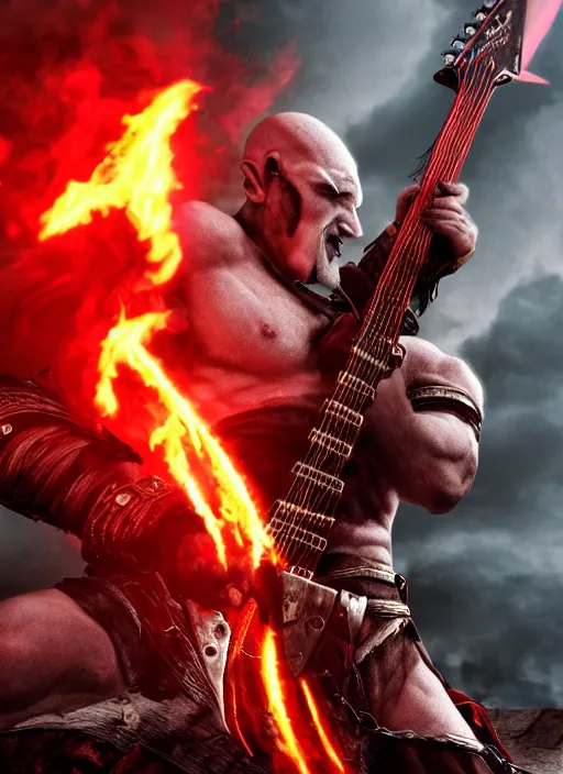 Prompt: red facial stripe armored screaming kratos rocking hard on a flaming stratocaster guitar, cinematic render, god of war 2 0 1 8, playstation studios official media, lightning, flames, clear, coherent, guitar, guitar