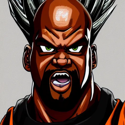 Image similar to ultra realistic portrait painting of shaquille o'neal as super saiyan goku, art by akira toriyama, 4 k, dragon ball artstyle, cel shaded, highly detailed, epic lighting