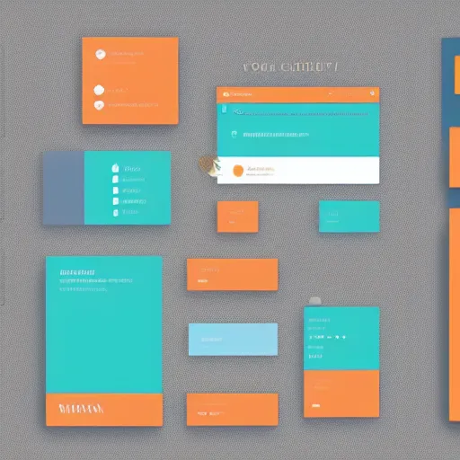 Prompt: modern UI/UX icons for an artistic website, teal and orange colour palette, layout design, template sheet