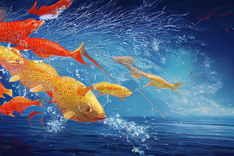 Prompt: portrait of goldfishes swarming the ocean. shadow and light. rays of light. energetic, dynamic, lively, detailed, intricate, complex. fine art by hayao miyazaki, akira toriyama, makoto shinkai, and ohara koson. studio lighting. tilt and shift lens.