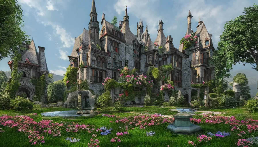 Prompt: Neo-Gothic castle built in the heart of the green mountains with a flower garden surrounding the castle and a fountain in the yard, hyperdetailed, artstation, cgsociety, 8k