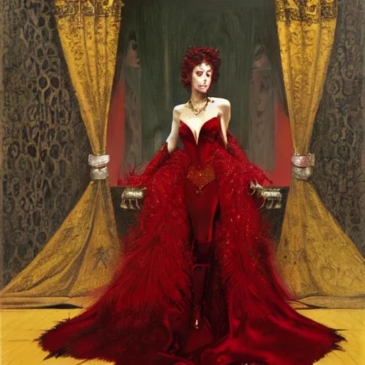 Image similar to an ultra - realistic portrait of a vampire queen in an ostentatiously beautiful blood red dress with gold trim and a long leg slit, 4 k, a masquerade ball in the background with other guests out of focus, sharp focus, detailed face, art by john collier and albert aublet and krenz cushart and artem demura and alphonse mucha