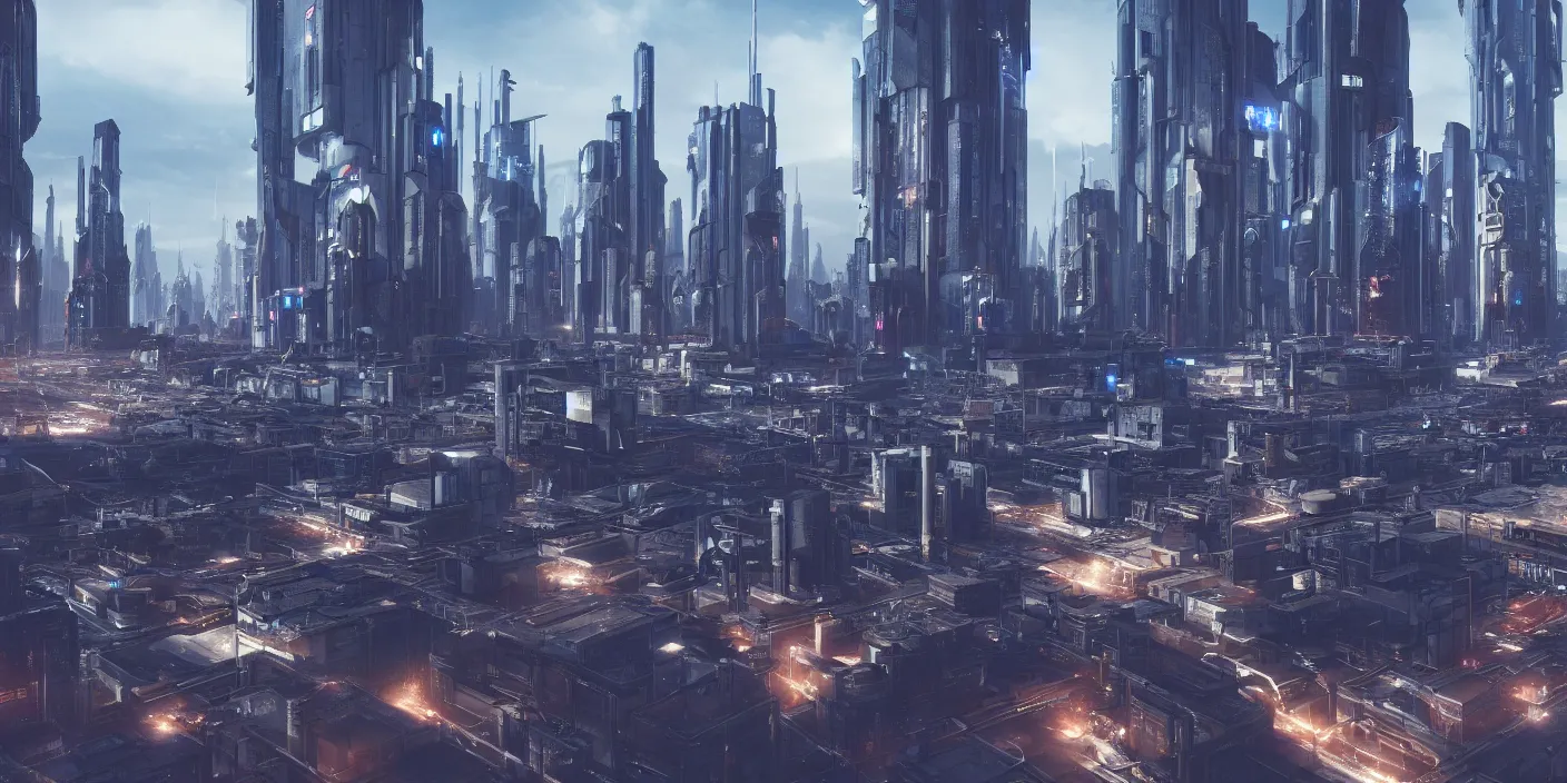 Prompt: high resolution photo of a european cityscape in the future, sci - fi, cyberpunk, octane render, unreale engine, ray traced, hyper detailed