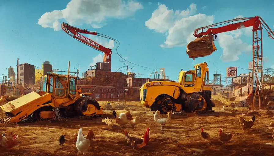 Prompt: a bulldozer accidently knocking over a chicken coop in the style of goodnight goodnight construction site, matte painting, art station, blue sky, simon stalenhag