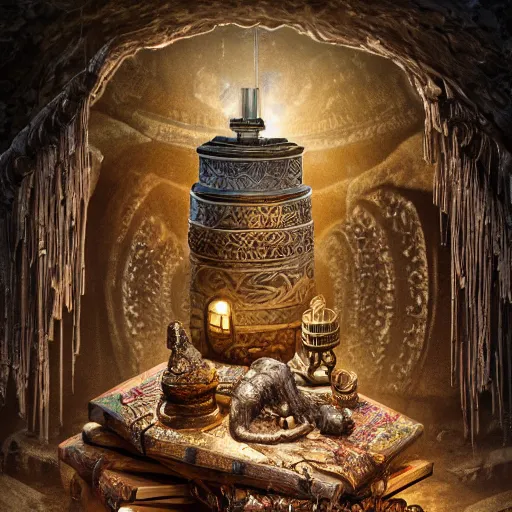 Image similar to epic view of an ancient dark byzantine cave interior, ornate oil lamp on a pile of crystals, books covered in jewels, ornate, surrounded by strange statues and treasure, full of sand and dust, hyper real, Indiana Jones, Tomb Raider, trending on artstation, concept art, cinematic, jewels