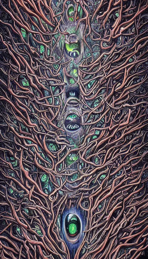 Prompt: a storm vortex made of many demonic eyes and teeth over a forest, by alex grey,