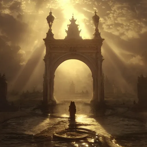 Image similar to gates of heaven, volumetric lighting, 8 k octane beautifully detailed render, post - processing, extremely hyper - detailed, intricate, epic composition, cinematic lighting, masterpiece, trending on artstation, detailed detailed detailed, masterpiece, stunning art by anders zorn, wonderful masterpiece by greg rutkowski, beautiful cinematic light,