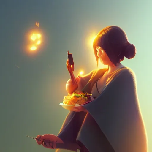 Image similar to movie still macro close photo of happy anonymous holding stirfry to face, by weta disney pixar greg rutkowski wlop ilya kuvshinov rossdraws artgerm octane render iridescent, bright morning, liosh, mucha