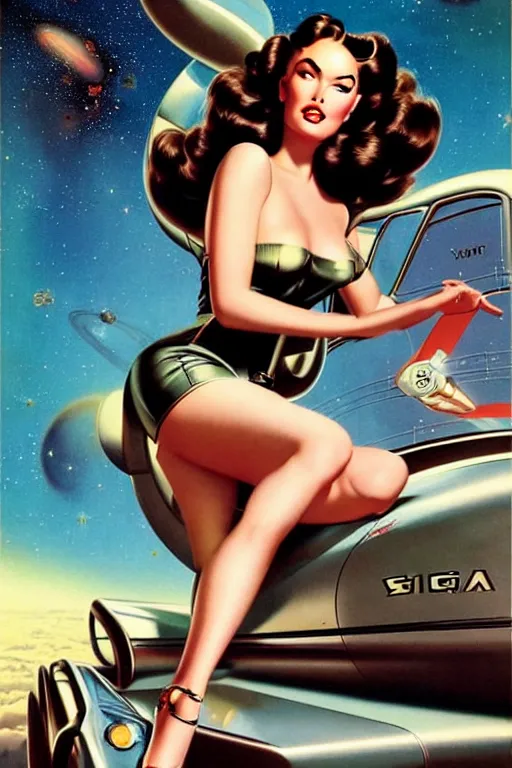 Image similar to beautiful retro space megan fox varga girl sitting on a space car in diesel punk city, windblown dark hair, retro pinup model, seductive, 1 9 4 0, glamour pose, intricate, smoke, hyper detailed, digital art, smooth, sharp focus, alberto vargas, gil elvgren, greg rutkowski, propaganda poster