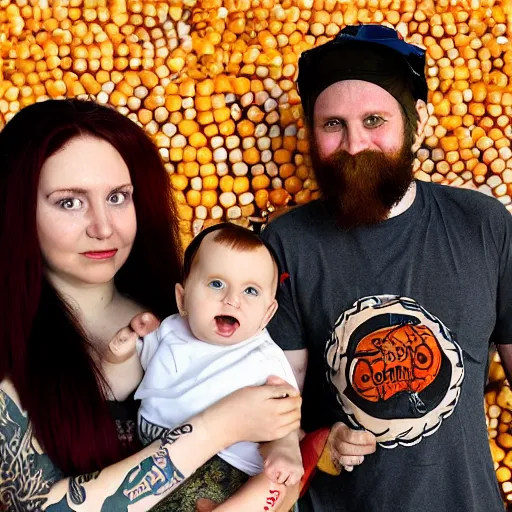 Image similar to photo of a slender attractive couple. The woman has long straight red orange hair. The man has a dark thick neatly groomed beard and tattoos. They are holding a giant corn and a cute baby.