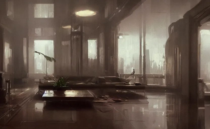 Image similar to a stylish apartment interior, high tech, marble statue, plants, painting by Craig Mullins, warm moody lighting, wide angle lens, low level view, in the style of blade runner, trending on artstation, 8k,