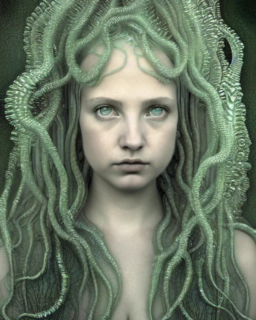 Image similar to surreal mythical dreamy underwater artistic bw 3 d render of a translucent beautiful young female angelic - medusa - vegetal - cyborg covered with fish scales and algae, highly detailed, intricate crystal ivy jelly fish scales ornate, poetic, octane render, 8 k, photo - realistic, by diane arbus in the style of gustave dore and pre - raphaelites