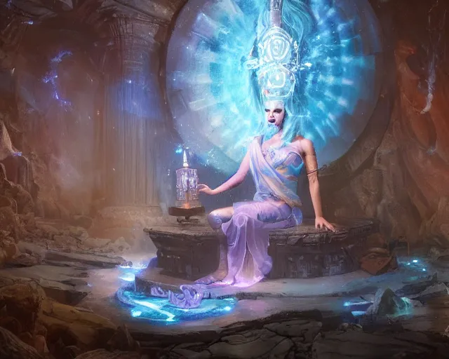 Prompt: blue haired female god casting a spell using sigils, flowing robes, cave with glowing crystals, fantasy, dramatic lighting, detailed painting, greg rutkowski, 8 k,