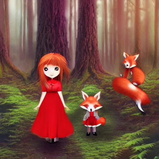Prompt: magical forest with redcap chibi girl and a fox family