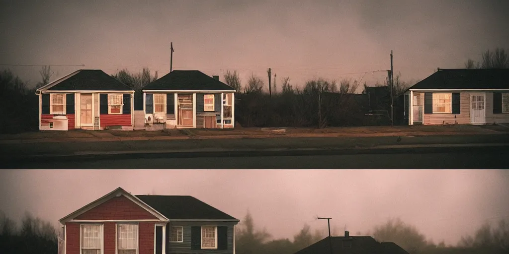 Image similar to small suburban houses in America at night by Wes Anderson, fantasy, moody lighting, dark mood, imagination, cinematic