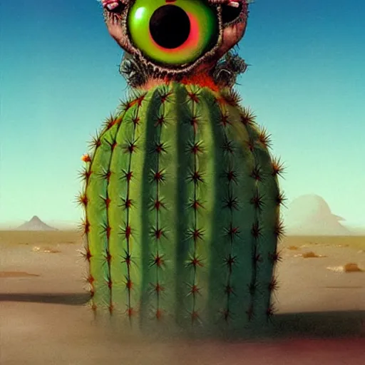 Image similar to ball creature covered with eyes, in the desert next to a cactus, d & d, fantasy, greg rutkowski, frank frazetta, alexandre chaudret, boris vallejo, michael whelan, miro petrov, hr giger, magali villeneuve, donato giancola