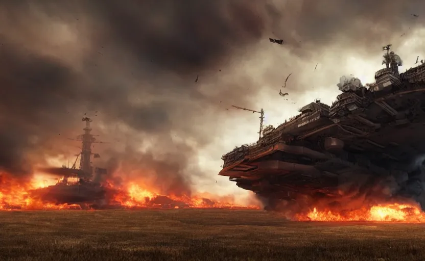 Image similar to an immense steampunk aircraft carrier crashed and burning in a field, thick black smoke billowing, turbulent storm clouds, dystopian, sharp focus, octane render, imax