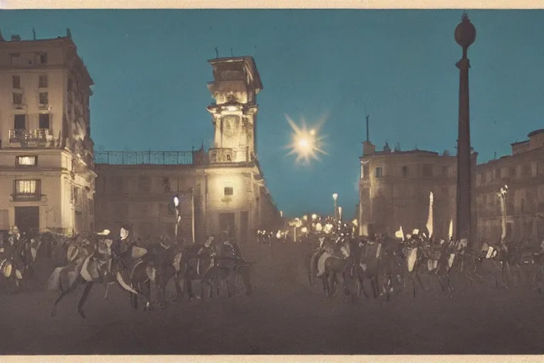 Image similar to la puerta de alcala en madrid, de noche, autochrome photo, en color, 1 9 2 3, iluminacion nocturna, luna en el cielo, bandera republicana ondeando, carruajes y caballos,