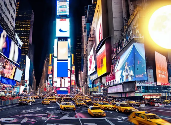 Image similar to film still of the moon shattering into pieces over time square in the new disaster movie, 8 k, night time