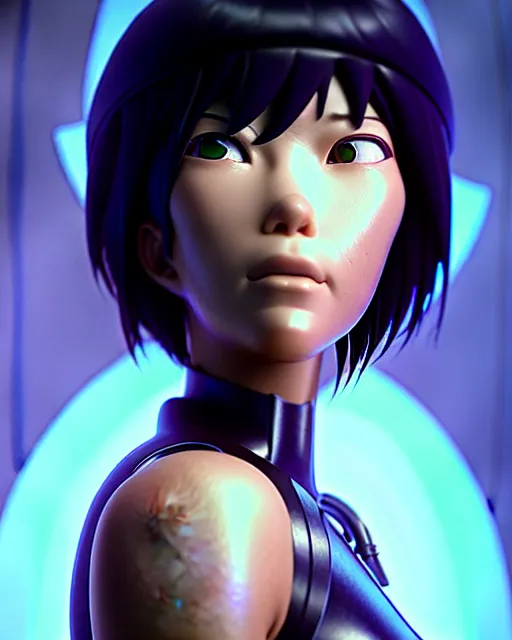 Image similar to weta disney pixar movie still portrait photo of motoko kusanagi ghost in the shell : : as cyborg woman by pixar : : by weta, wlop, ilya kuvshinov, rossdraws, artgerm, marvel, maxim cover, latex, octane render, sweaty, iridescent, bright morning, anime, liosh, mucha : :