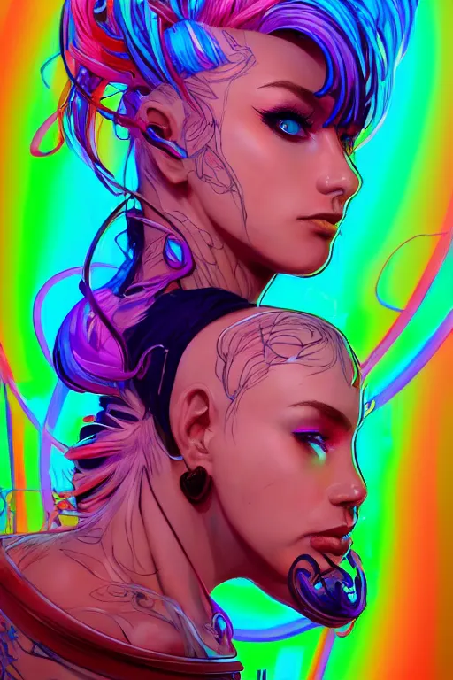 Image similar to a award winning portrait of a beautiful woman with stunning eyes in a one off shoulder croptop and cargo pants with rainbow colored hair, outlined by whirling illuminated neon lines and fine lines swirling in circles by jesper ejsing, digital art, trending on artstation