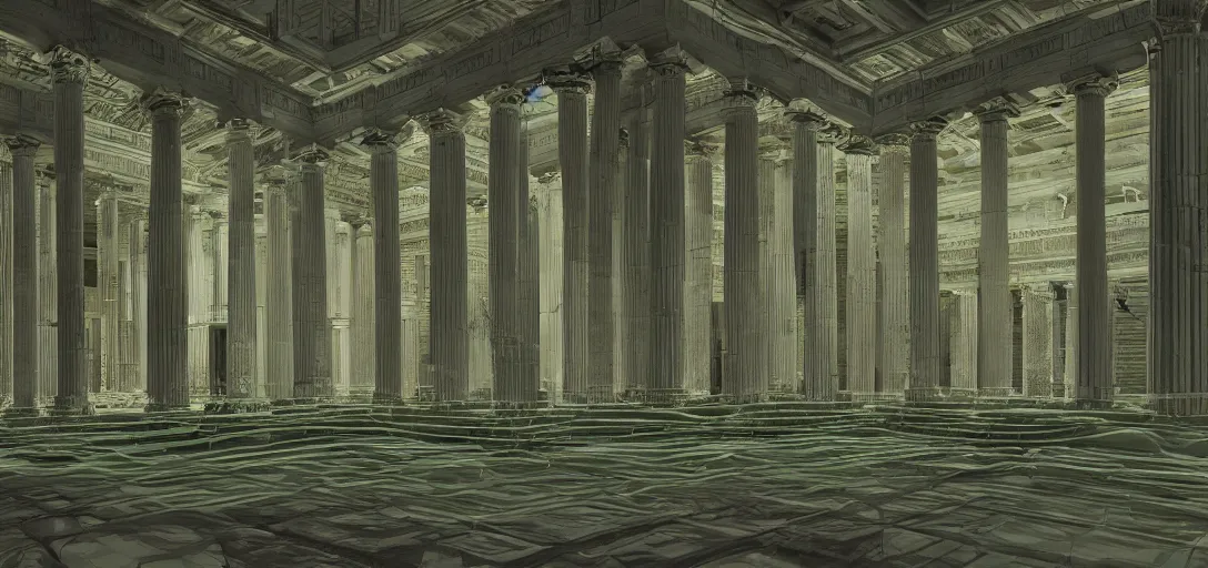 Prompt: Interior Gigantic Greek Temple completely covered in green lychen. Wires, Diodes, Cables, in the graphic style of Patrick Gleason and SANA TAKEDA artstation, hyper detailed, high detail, Zbrush, trending on artstation, trending on artist, beautifully lit, glow, cinematic, soft light, HDR, detailed, photorealistic, volumetric, intricate, high detail, realistic, photo-bash, 8k symmetric Beautiful comic art