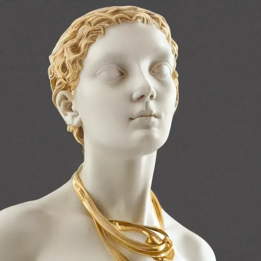 Prompt: close up of face of female fashion model, white marble by auguste rodin, gold plated, versace dress, highly detailed