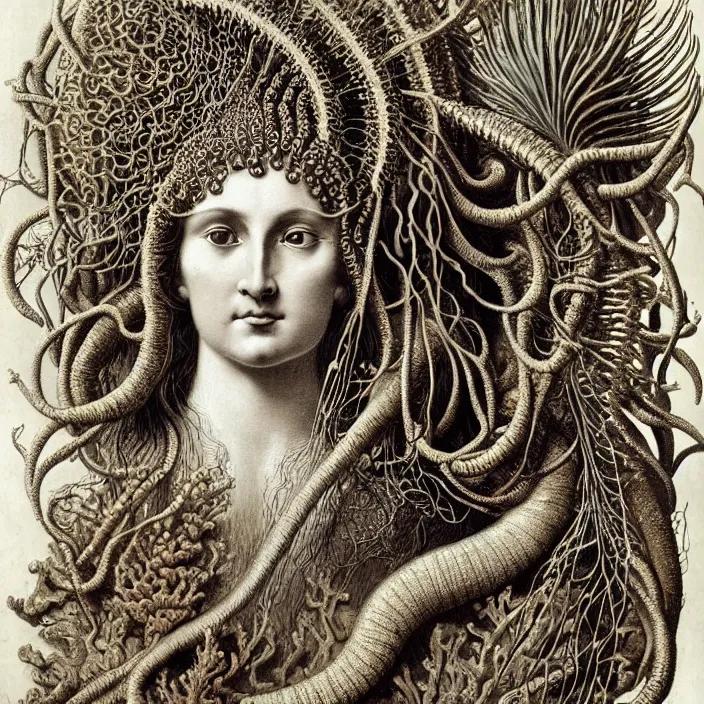 Image similar to realistic detailed face portrait of the goddess of the fish of the three times with an intricate headdress of corals, sea kelp, sea plants, fish, jellyfish, art by ernst haeckel, archimboldo, face in focus, neo - gothic, gothic,