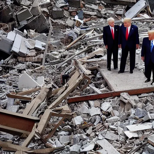 Prompt: a wide shot of Rudy Giuliani and Donald Trump holding hands on top of the world trade center rubble pile in new york