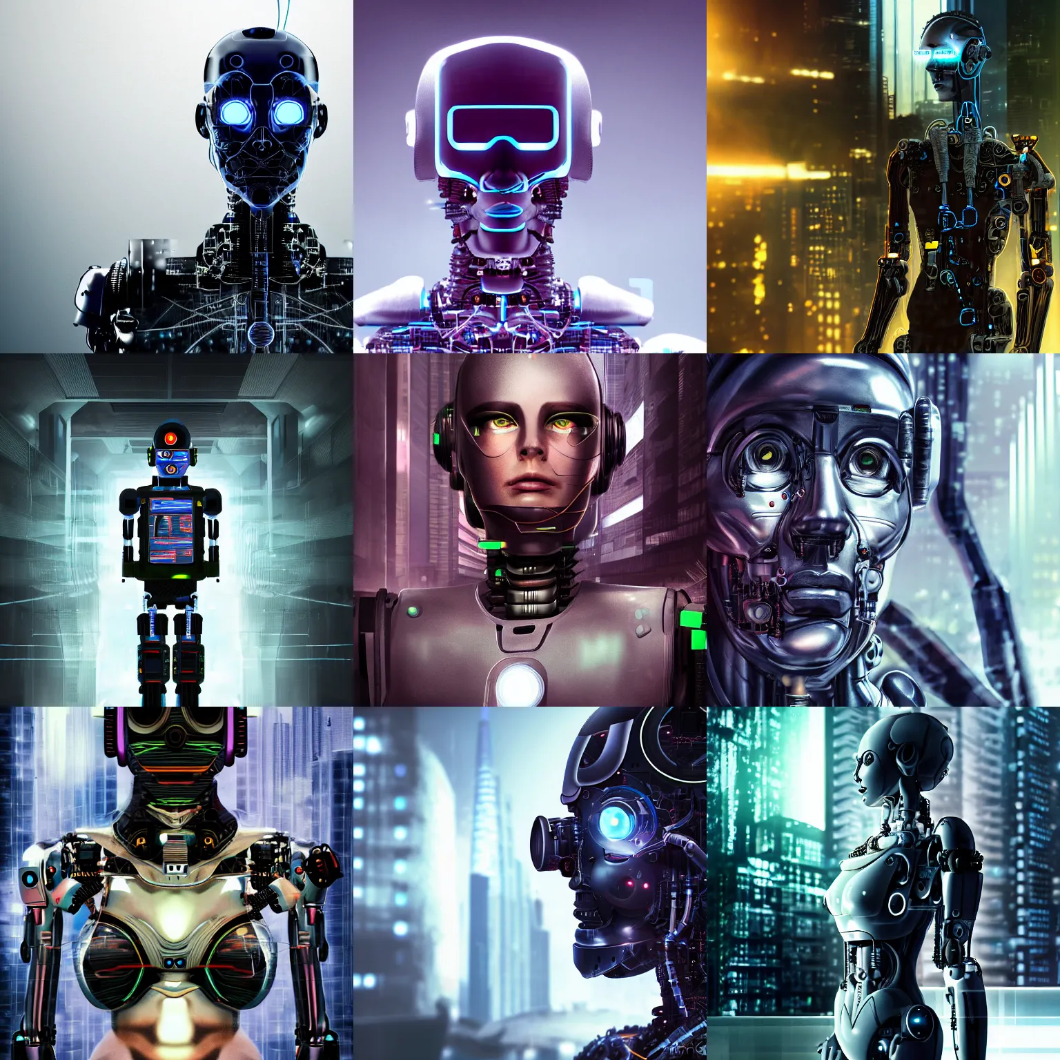 Prompt: photograph of a cyborg, part robot part human, portrait, highly detailed, cyberpunk, dystopian background