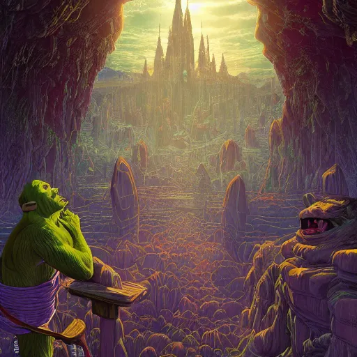 Prompt: the second coming of shrek by dan mumford, yusuke murata, makoto shinkai, ross tran, cosmic, heavenly, god rays, intricate detail, cinematic, 8 k, cel shaded, unreal engine, featured on artstation, pixiv