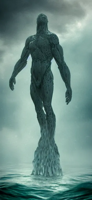 Image similar to humanoid colossus made of water, made of liquid, rising up from ocean, water armor, high detail, high contrast, close up portrait, studio lighting, stormy seas, beautiful, bokeh, snowy, storm clouds, god rays, d & d, fantasy, elegant, aquamarine color palette, concept art, roger deakins and greg rutkowski and alphonse mucha