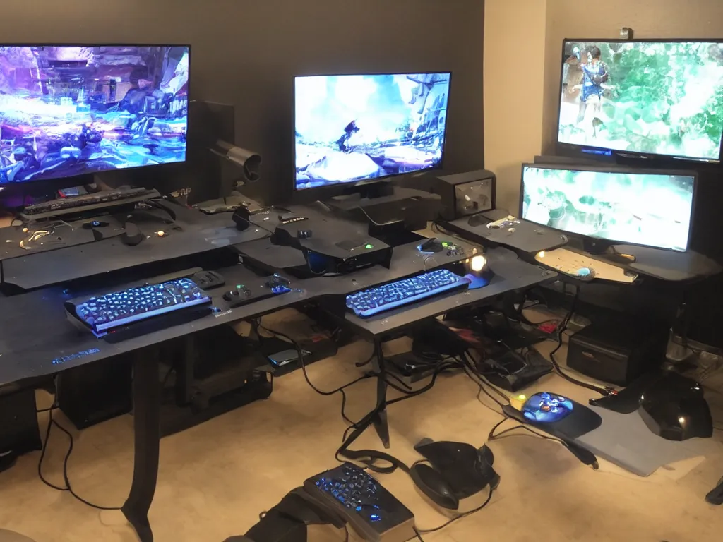 Image similar to multiple screen gaming desk with joysticks and keyboard. photo. rgb lights.