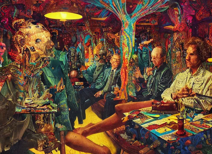 Prompt: don juan's psychedelic trip in the 1 2 th dimension turned inside out of being, extremely high details quality, norman rockwell, viktor safonkin, dariusz zawadzki, bruce pennington, larry elmore, intricate details, hyperrealistic oil painting on canvas, deep depth field