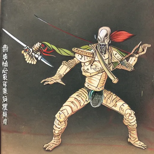 Image similar to old alien samurai attacking with his sword