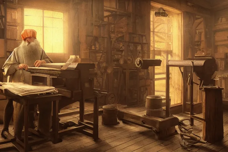 Image similar to still photo of johannes gutenberg inventing the printing press, highly detailed, photorealistic shot, bright studio setting, studio lighting, crisp quality and light reflections, unreal engine 5 quality render