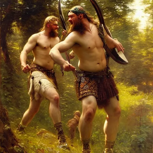 Image similar to 2 attractive male vikings frolicking in the forest. highly detailed painting by gaston bussiere, craig mullins, j. c. leyendecker, 8 k